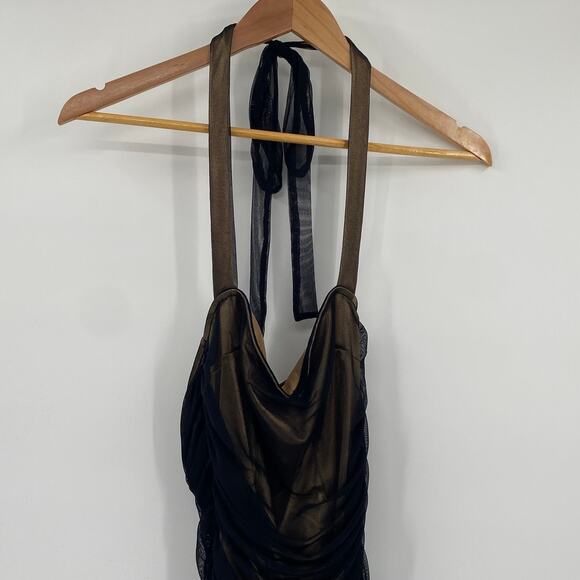 Lucy in the Sky Ruched Bodycon Halter Mini Dress Mesh Sheer Black Over Gold M - Picture 3 of 7